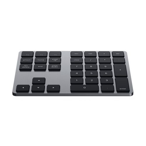 Graue Tastatur mit schwarzen Tasten, Zahlenblock und Navigationstasten.