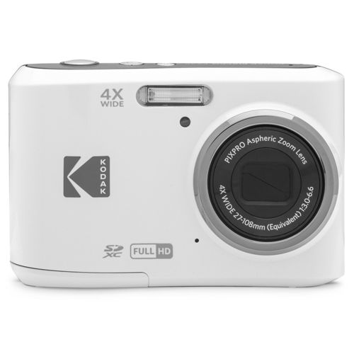 Eine weiße Kodak Digitalkamera mit 4x Weitwinkelobjektiv und Full HD.