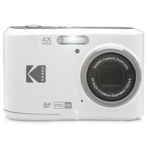 Weiße Digitalkamera mit 4x Weitwinkelobjektiv und Blitz.