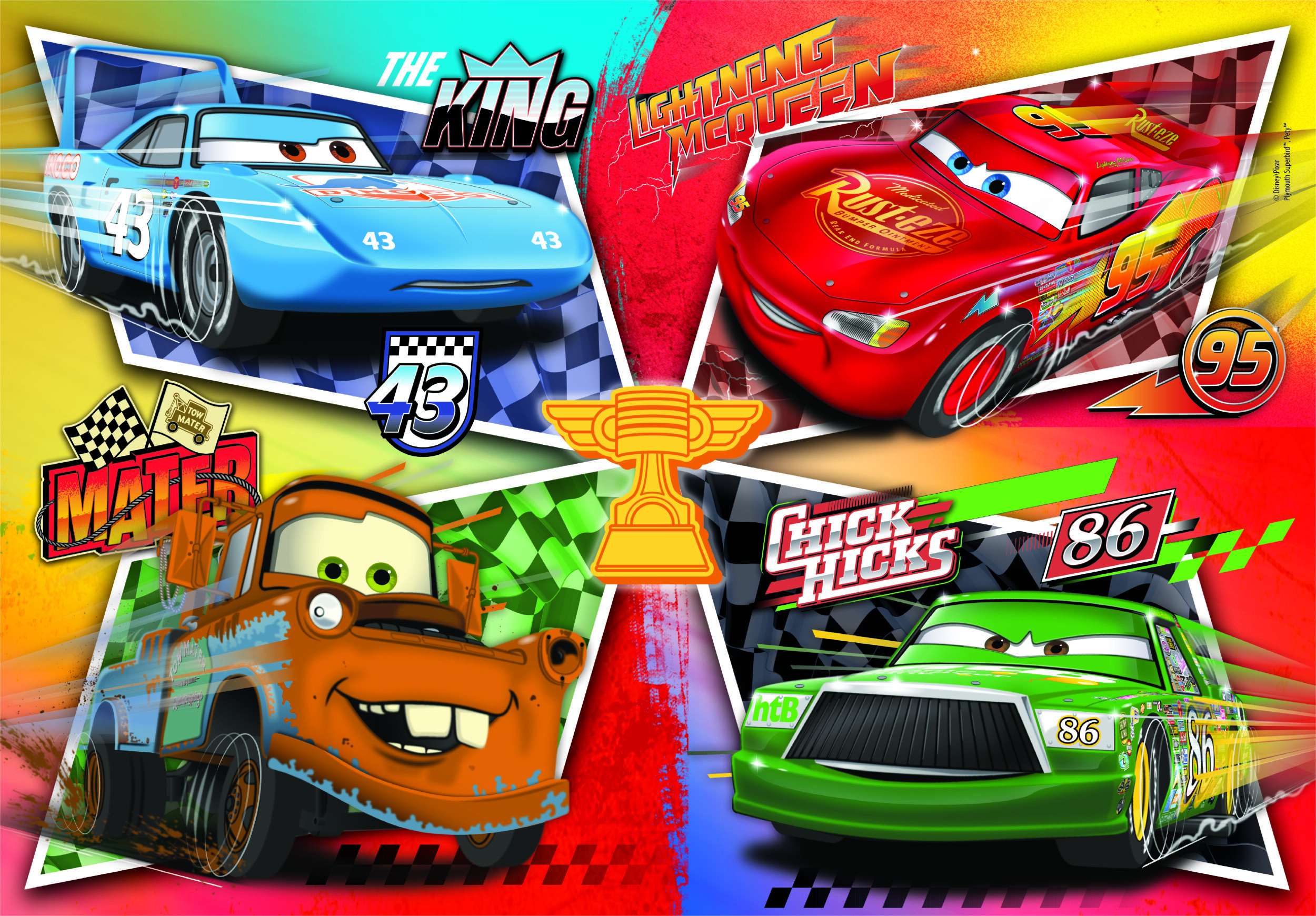 Cuatro personajes de Cars: azul, rojo, naranja y verde, con banderas de carreras y trofeo.