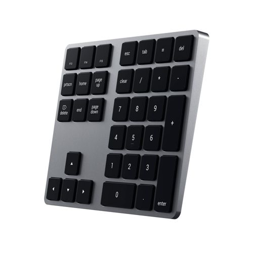 Graue Tastatur mit schwarzen Tasten für Zahlen und Funktionen.