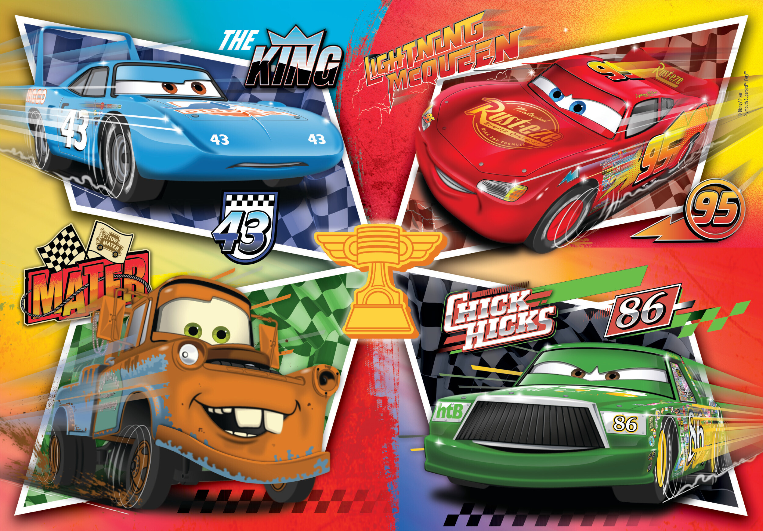Cuatro coches de carreras: azul, rojo, naranja, verde, con trofeo y banderas.