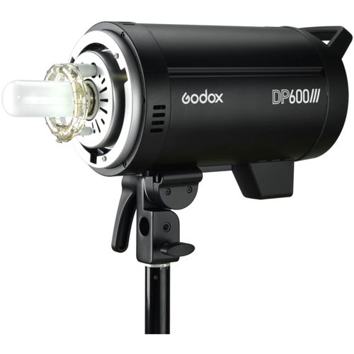 Luce stroboscopica da studio Godox DP600III nera con lampadina in vetro e supporto.