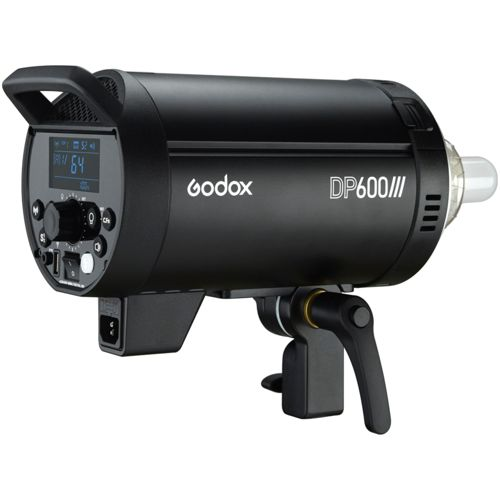 Luce stroboscopica da studio Godox DP600III nera con display LCD e supporto.