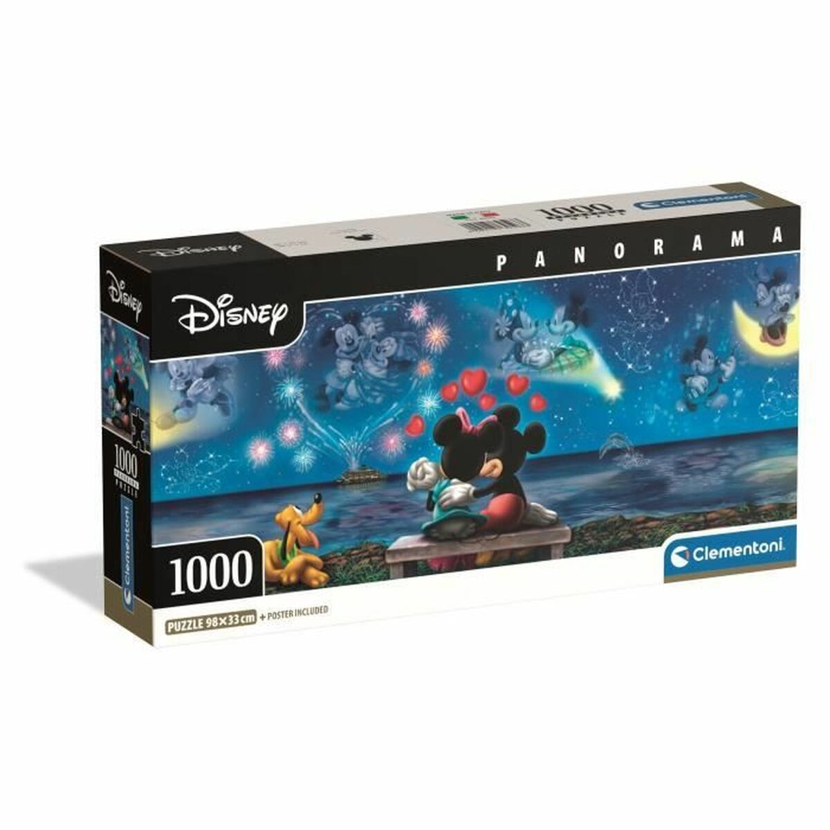 Caja de rompecabezas de Disney: Minnie y Mickey se abrazan, Pluto observa. Fuegos artificiales en el cielo nocturno.