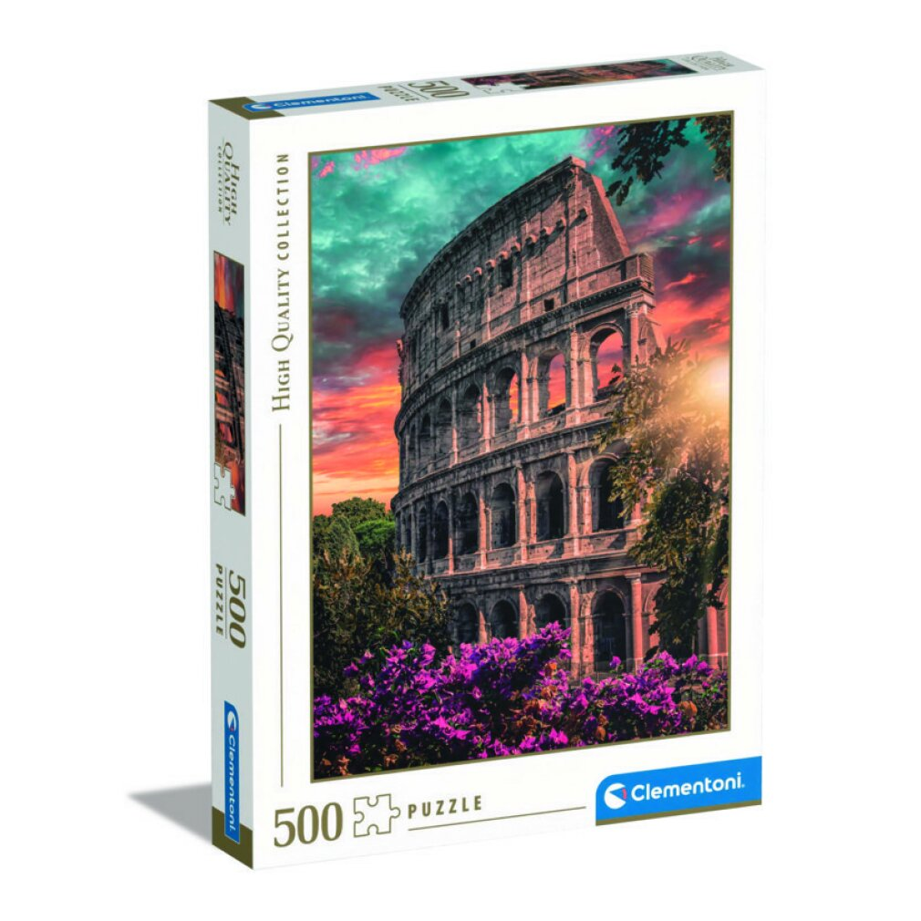 Caja de rompecabezas con el Coliseo al atardecer y flores moradas delante.