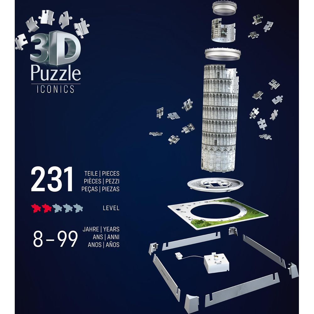Puzzle 3D ICONICS, Torre di Pisa, 231 pezzi, Livello 3/5, Età 8-99.
