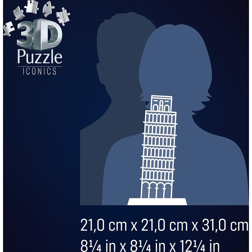 Logo 3D Puzzle Iconics con contorno Torre di Pisa, dimensioni elencate.
