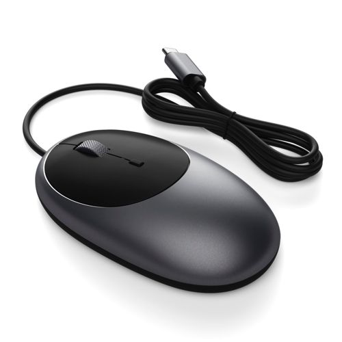 Un ratón de ordenador gris con rueda negra y cable USB-C sobre fondo blanco.