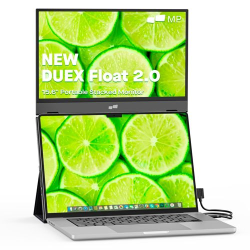 Ein gestapelter tragbarer Monitor sitzt auf einem offenen Laptop, beide zeigen Limettenscheiben.