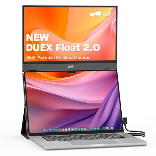 Ein tragbarer gestapelter Monitor sitzt auf einem geöffneten Laptop, beide zeigen bunte abstrakte Hintergrundbilder.