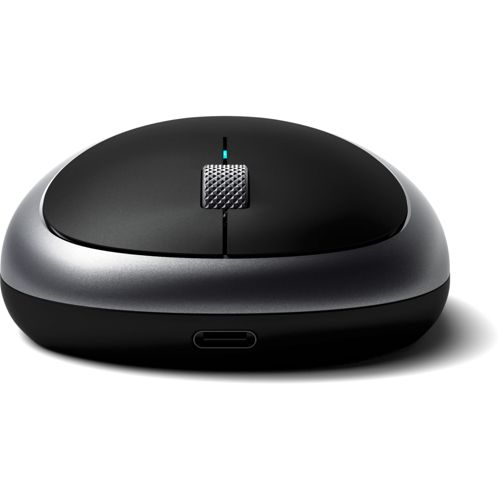 Mouse wireless nero con finiture argentate, rotellina e porta USB-C.