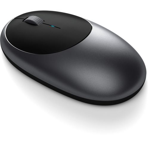 Un mouse nero ed elegante con bordo argentato e rotellina di scorrimento.