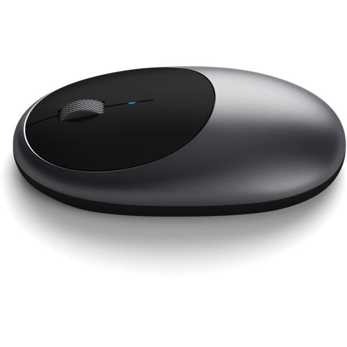 Un mouse wireless grigio ed elegante con parte superiore nera e rotellina.