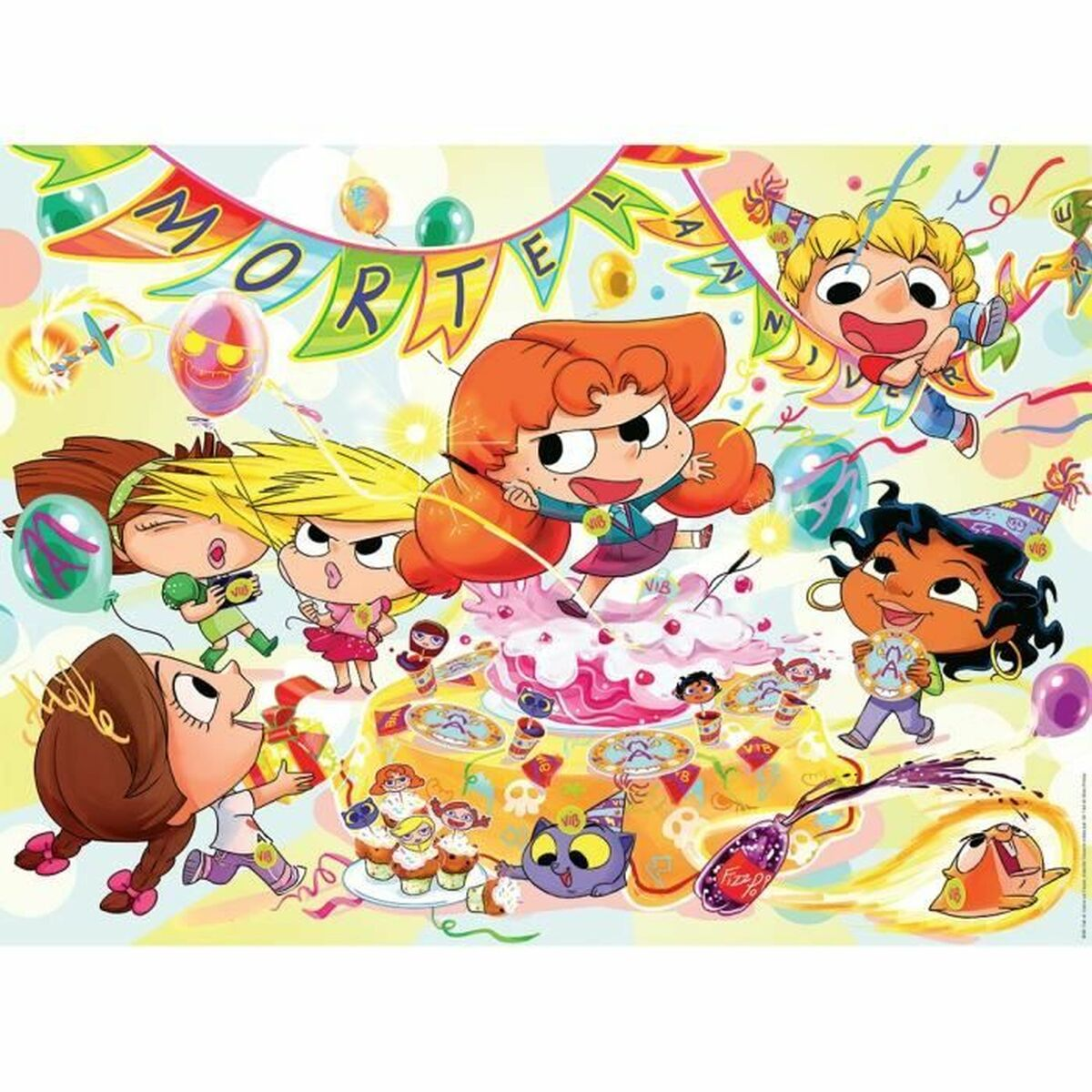 Escena colorida de cumpleaños con niños alrededor de un pastel y cupcakes.
