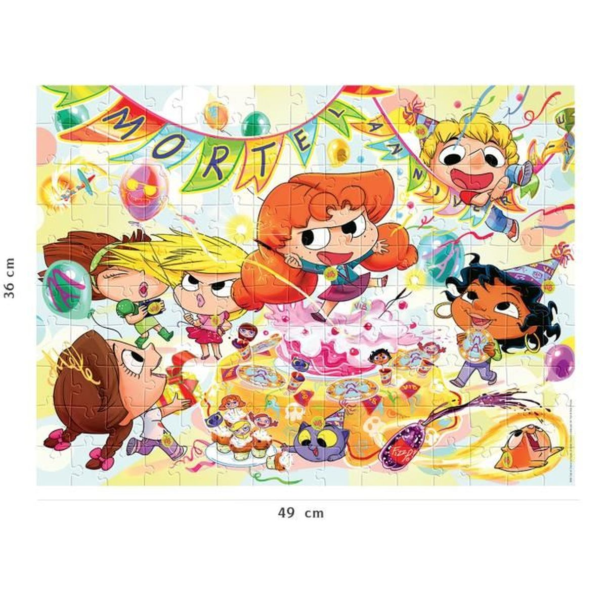 Colorida fiesta de cumpleaños con personajes de dibujos animados, pastel y globos.