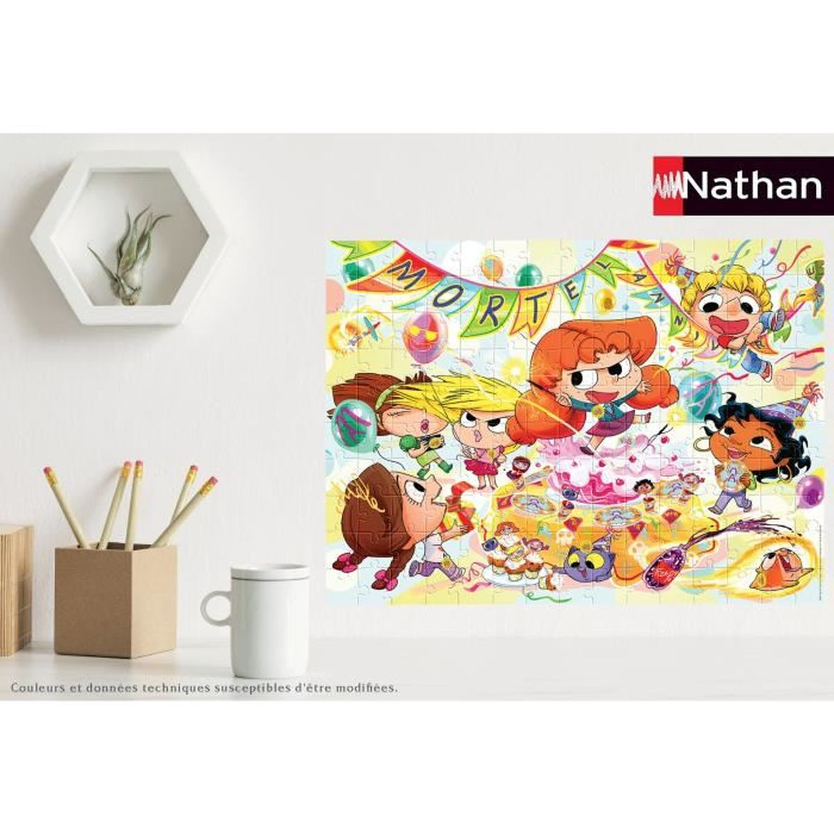 Rompecabezas ilustrado de fiesta infantil a todo color con varios niños y pastel.