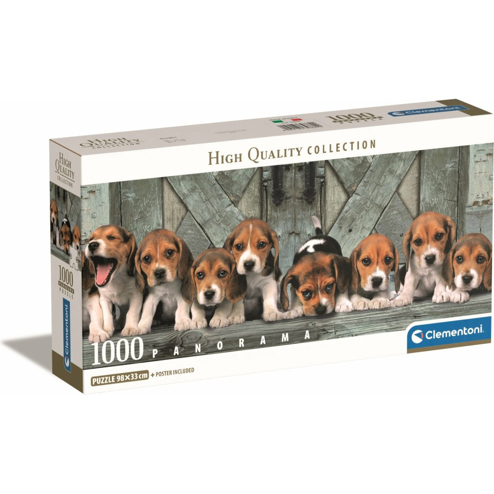 Una scatola con un puzzle di sette cuccioli di beagle davanti a una parete di legno.