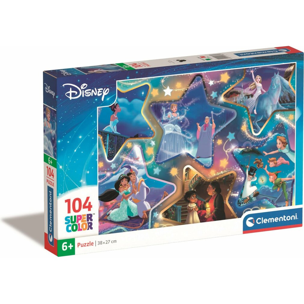Puzzle Disney z kształtami gwiazd i postaciami z bajek, takimi jak Aladyn, Jasmine i Elsa.