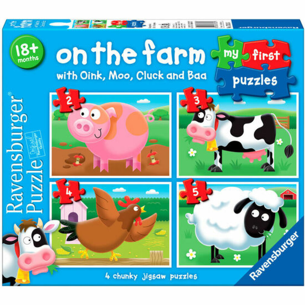 Caja de rompecabezas Ravensburger 'En la granja' con cerdo, vaca, gallina y oveja.