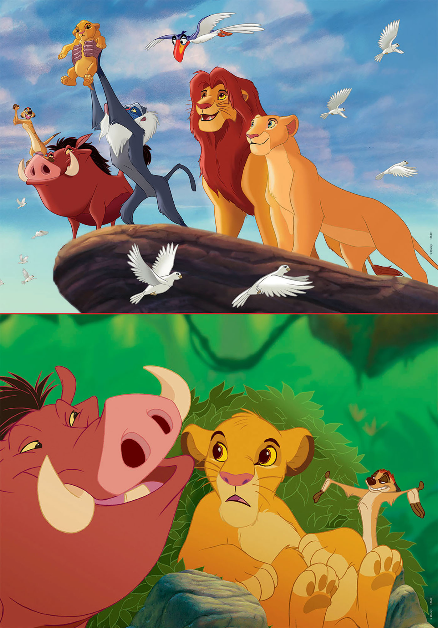 Personajes de El Rey León Simba, Mufasa, Sarabi, Pumbaa, Rafiki y Zazu en dos escenas.