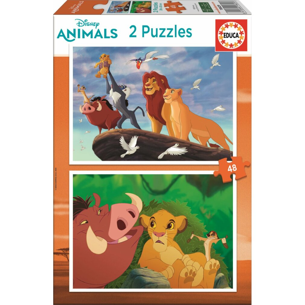 Caja de puzzles Disney con escenas de El Rey León. Arriba: Simba, Nala, mono, facóquero. Abajo: Simba, Timón, Pumba.