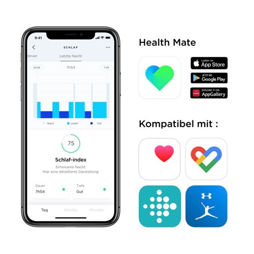 Lo smartphone mostra l'app di monitoraggio del sonno con grafico della frequenza cardiaca, indice di sonno 75.