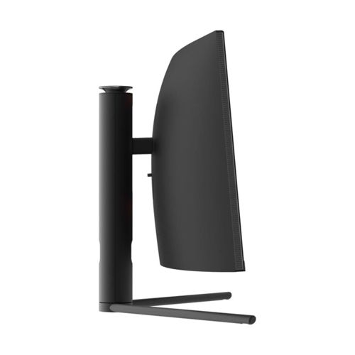Moniteur noir avec support fin, vu de côté sur fond blanc.