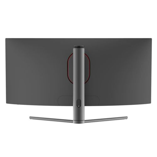 Arrière d'un moniteur large et gris avec pied argenté et accent rouge.