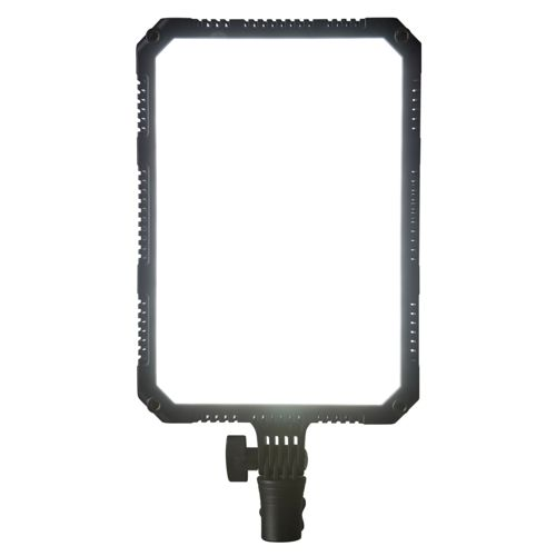 Ein rechteckiger LED-Panel-Scheinwerfer mit einem schwarzen Rahmen und einem Halterungsadapter.