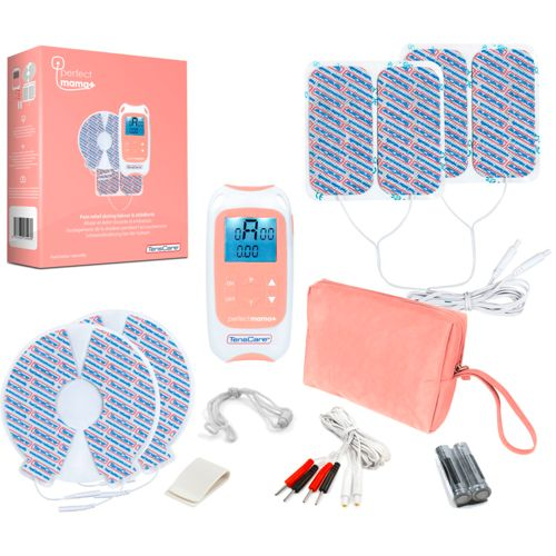 Ein pinker Kasten mit einem TENS-Gerät, Elektrodenpads, Tasche und Zubehör.