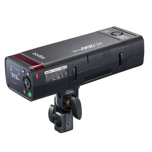Zwarte Godox AD200Pro flitser met LCD-scherm en houder.