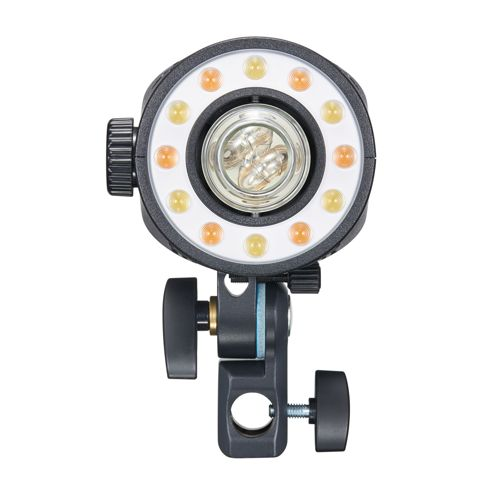 Een studioflitser met een ring van LED's en een centrale lichtbron, gemonteerd op een beugel.