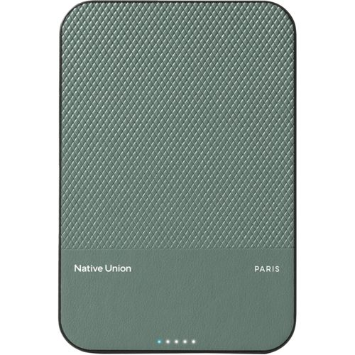 Un chargeur vert à motif losange avec quatre voyants bleus.