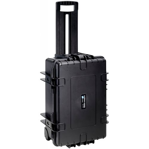 Schwarzer Trolley-Koffer mit ausziehbarem Griff und Rädern.