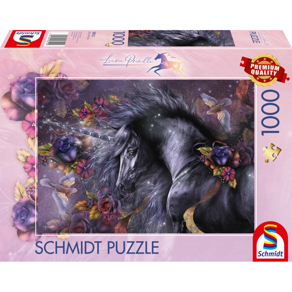 Ein schwarzes Einhorn mit Sternenmähne, umgeben von dunklen Rosen und Vögeln.