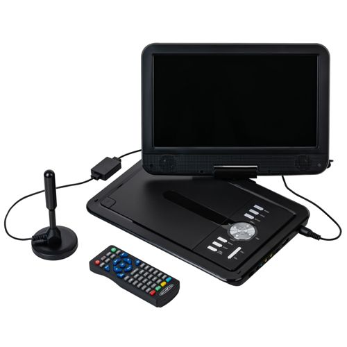 Ein schwarzer tragbarer DVD-Player mit Fernbedienung und Antenne.