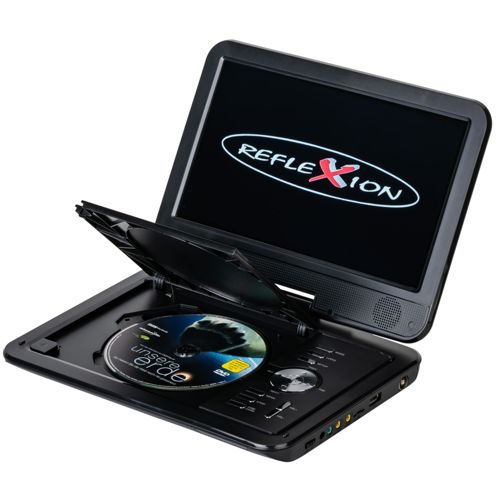 Schwarzer tragbarer DVD-Player mit geöffnetem Bildschirm und eingelegter Disc.