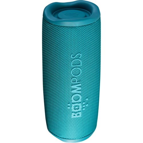 Altoparlante portatile turchese con logo BOOMPODS e superficie testurizzata.