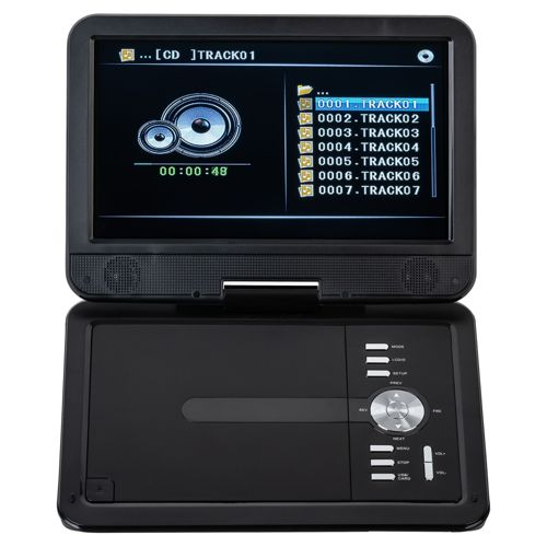 Ein schwarzer tragbarer DVD-Player mit einem Bildschirm, der eine Titelliste und ein Lautsprechersymbol anzeigt.