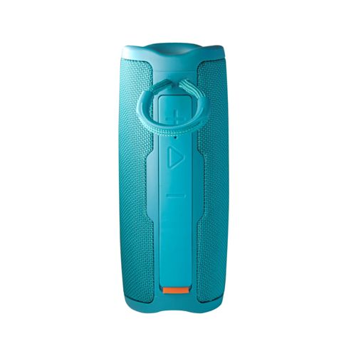 Un altoparlante Bluetooth turchese con tracolla e pulsanti di controllo.