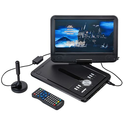 Schwarzer tragbarer DVD-Player mit Harry Potter-Menü, Fernbedienung und Antenne.