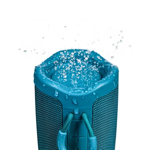 Altoparlante impermeabile blu con gocce d'acqua in cima.