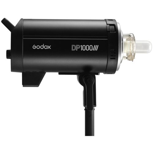 Ein schwarzer Godox DP1000III Studioblitz mit klarer Schutzkappe.