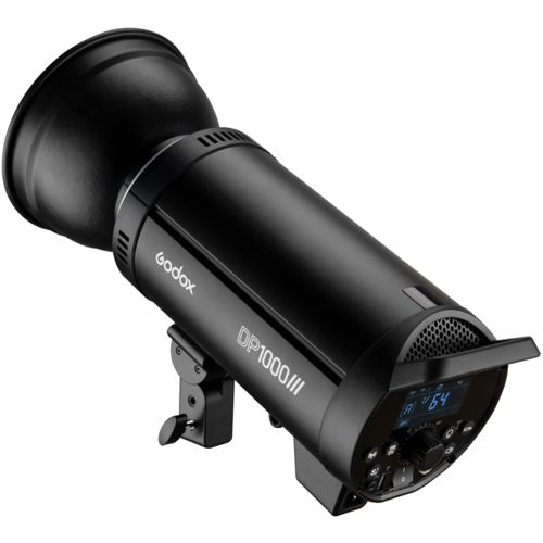 Ein schwarzer Godox DP1000III Studioblitz mit Reflektor wird gezeigt.