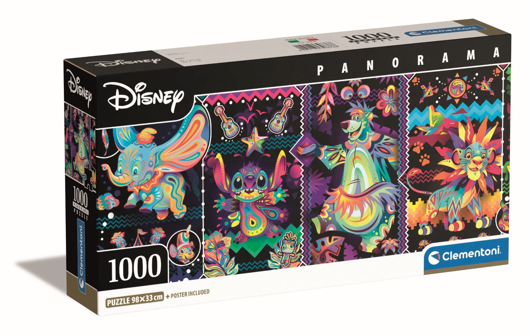 Puzzle panorama Disney z Dumbo, Stitch, Baloo i Simbą w żywych kolorach na czarnym tle.