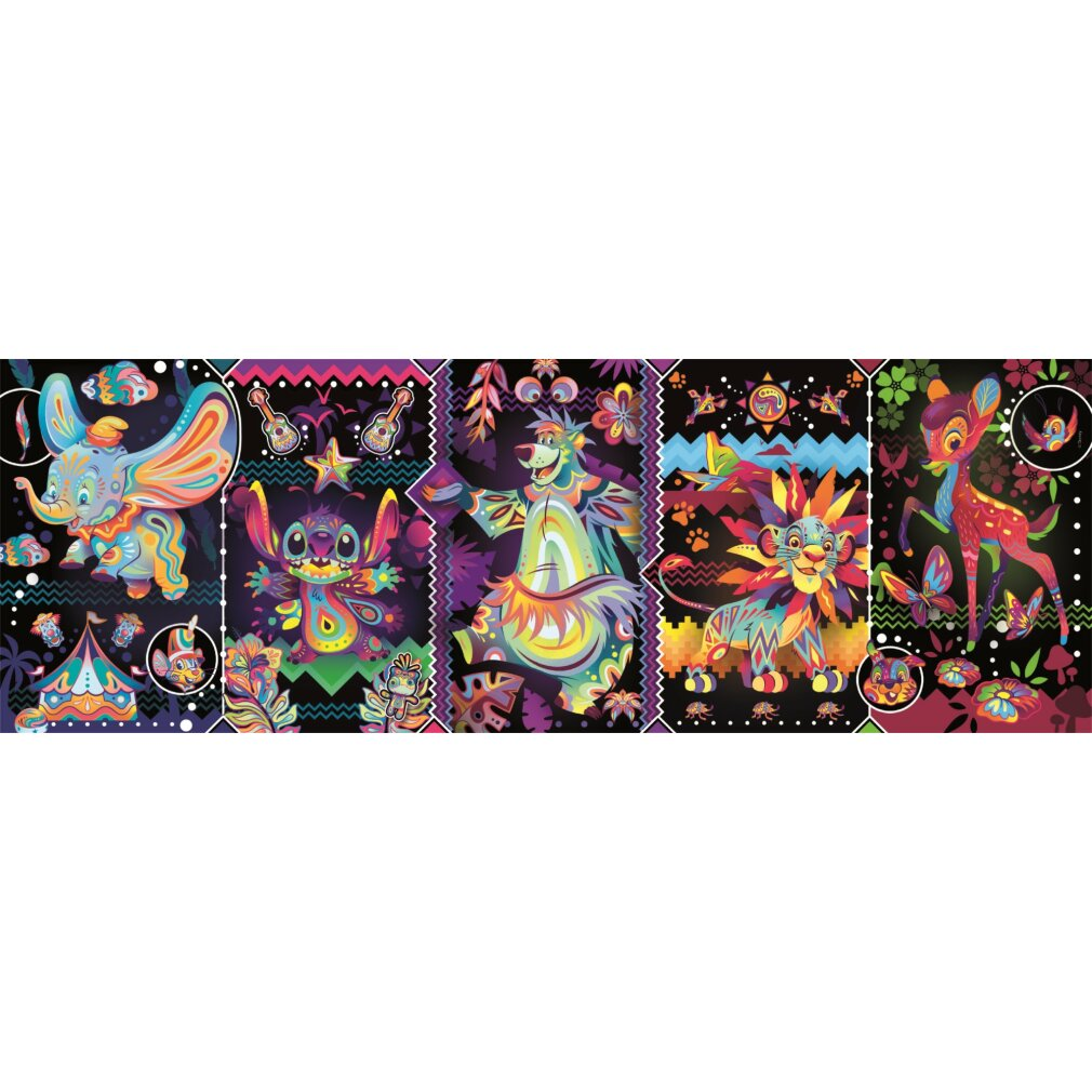 Kolorowe postacie z kreskówek Dumbo, Stitch, Baloo, Simba i Bambi na czarnym tle.
