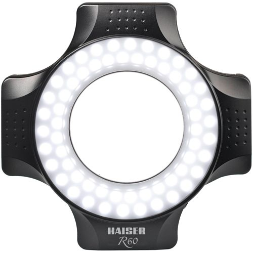 Schwarzer Ringlicht mit vielen LEDs und "KAISER R60"-Schriftzug.