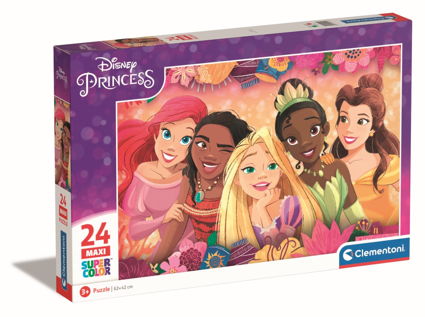 Księżniczki Disneya Ariel, Moana, Roszpunka, Tiana i Bella na pudełku z puzzlami.