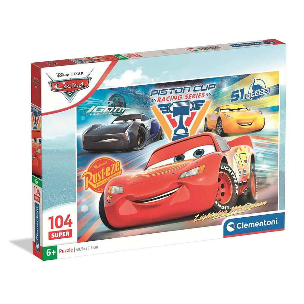 Caja de rompecabezas con Rayo McQueen, Mate y otros coches de carreras.